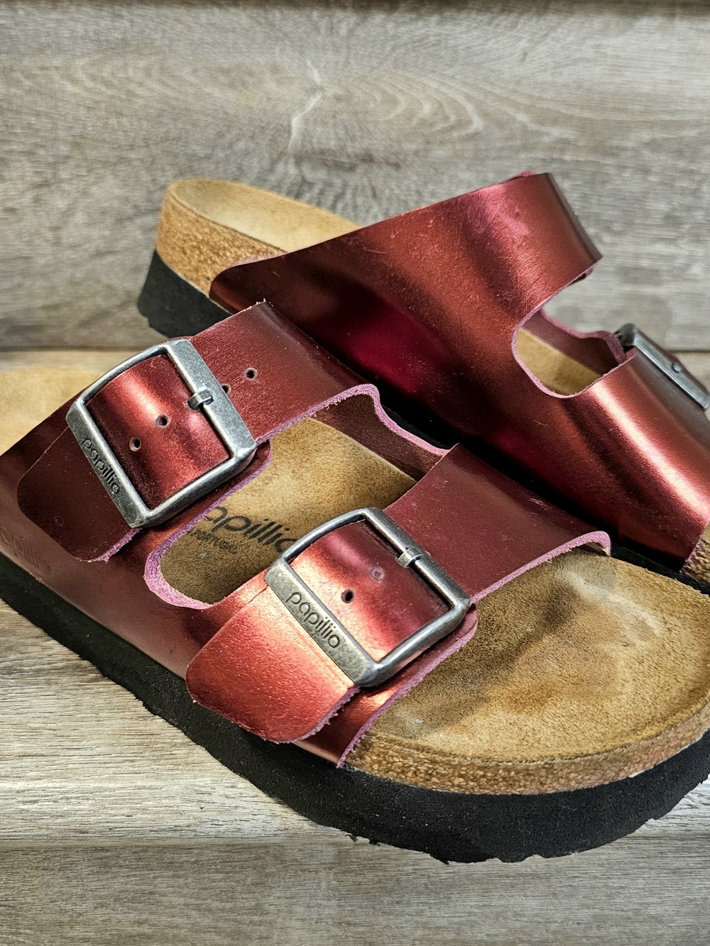 Birkenstock Metallic Maroon Double Buckle Slide Platfor Sandals Papillio Casual